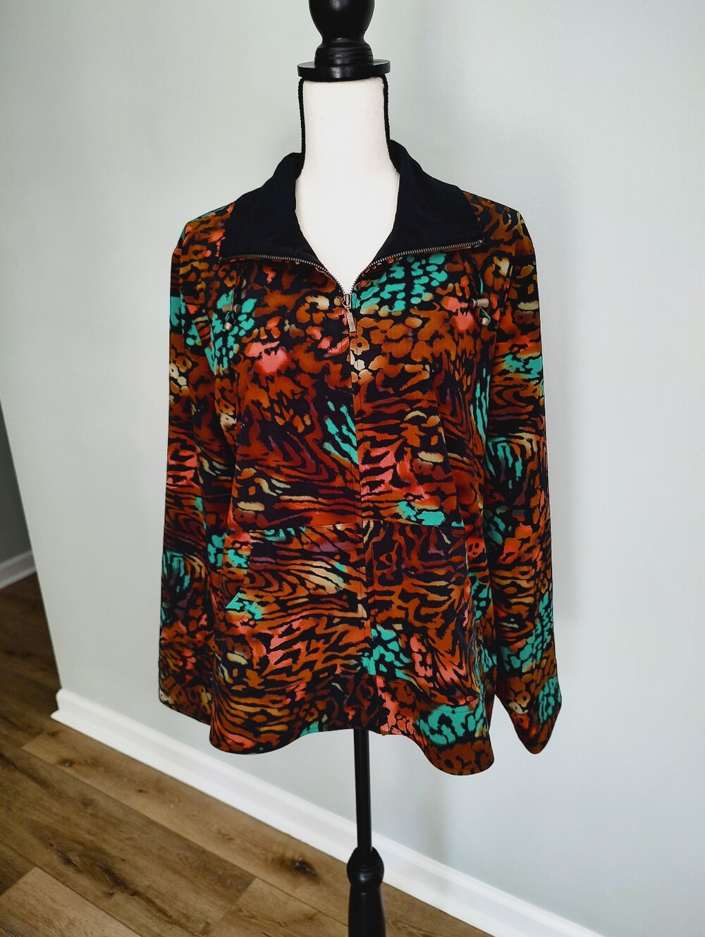 Chico's Zenergy Nema Jacket Brown Orange Turquoise Swirl Zip Up XL